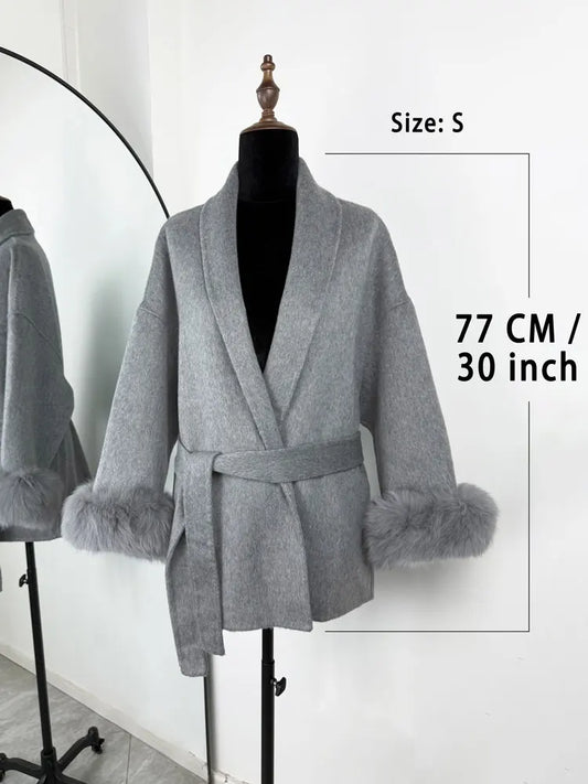 Tossy Fox Fur Overcoat/Short Fitted Cardigan Coat/Elegant Double-sided Woolen Coat.