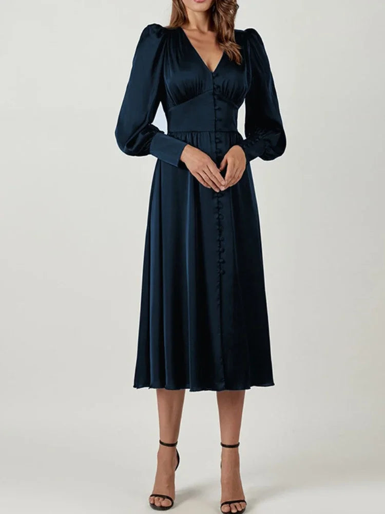 Elegant Fashion Single Breasted  Dress for Women Party Robe High Waist Satin Long Dress Sexy Lantern Sleeve Chic Midi Dresses