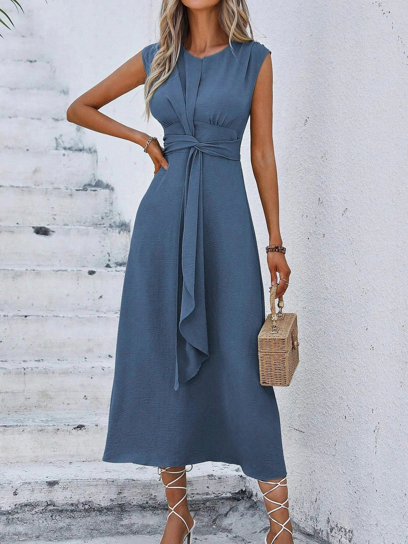 Elegant Sleeveless Waist Tie Midi Dress for Women – Romantic Vacation A-Line Summer Dress | Casual Chic Date Night Outfit | Modern Blend Boutique