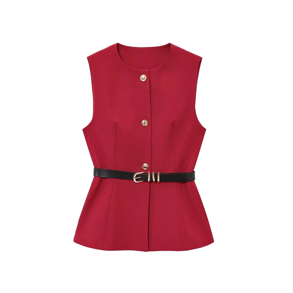 Commense Button Detail/TRZA-Women's Long Waistcoat with Belt, Front Gold Button/Fashion. Women Fashion Vintage Vest/Sleeveless Front Button Female Vest Tops With Belt