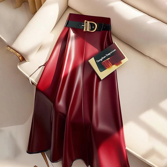 Burgundy Faux Leather A-Line Midi Skirt with Belt – Elegant High-Waist Vegan Leather Skirt