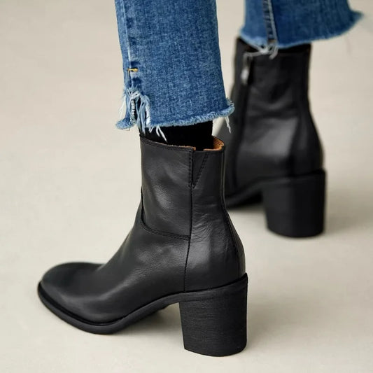 Women’s Genuine Leather Ankle Boots | Vintage European-Inspired Round Toe Booties, Side Zipper, Block Heel, Classic British Style