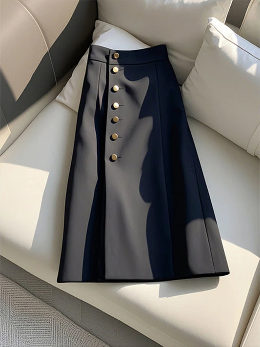 Elegant Ivory High-Waist Midi Skirt with Gold Buttons | Luxury Classic A-Line Skirt