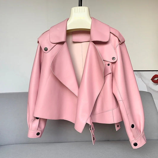 Luxury Oversized Sheepskin Moto Jacket – Cropped Structured Biker Coat for Women (Red, Black, Ivory, Emerald Green, Blush Pink, Camel)