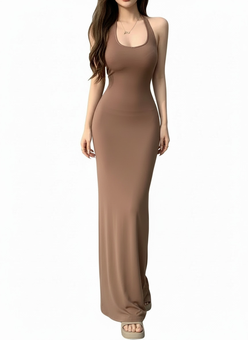 Coffee Colored Backless Chic Dress/Sleeveless Solid Slim Abdomen/Mature Skinny O~Neck Style/Retro Leisure Sexy Girls Trendy.