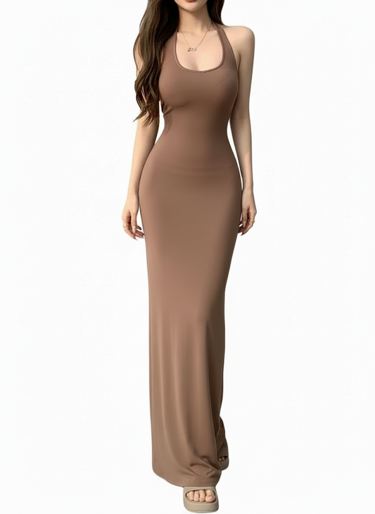 Coffee Colored Backless Chic Dress/Sleeveless Solid Slim Abdomen/Mature Skinny O~Neck Style/Retro Leisure Sexy Girls Trendy.