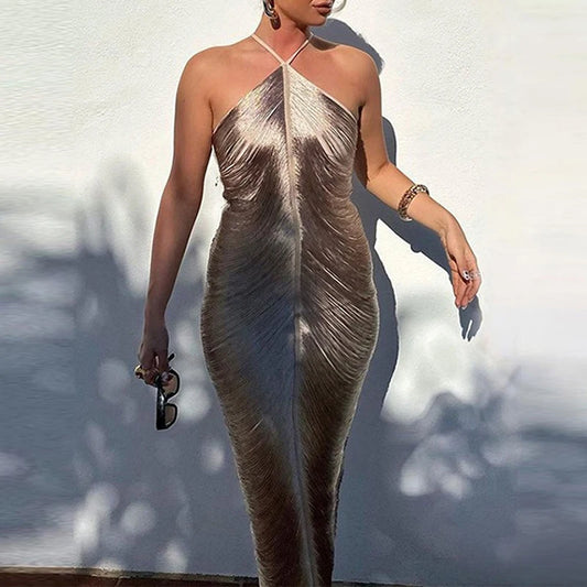 Luxury Draped Halter Maxi Dress – Shimmer Evening Gown for Elegant Women | Modern Blend Boutique
