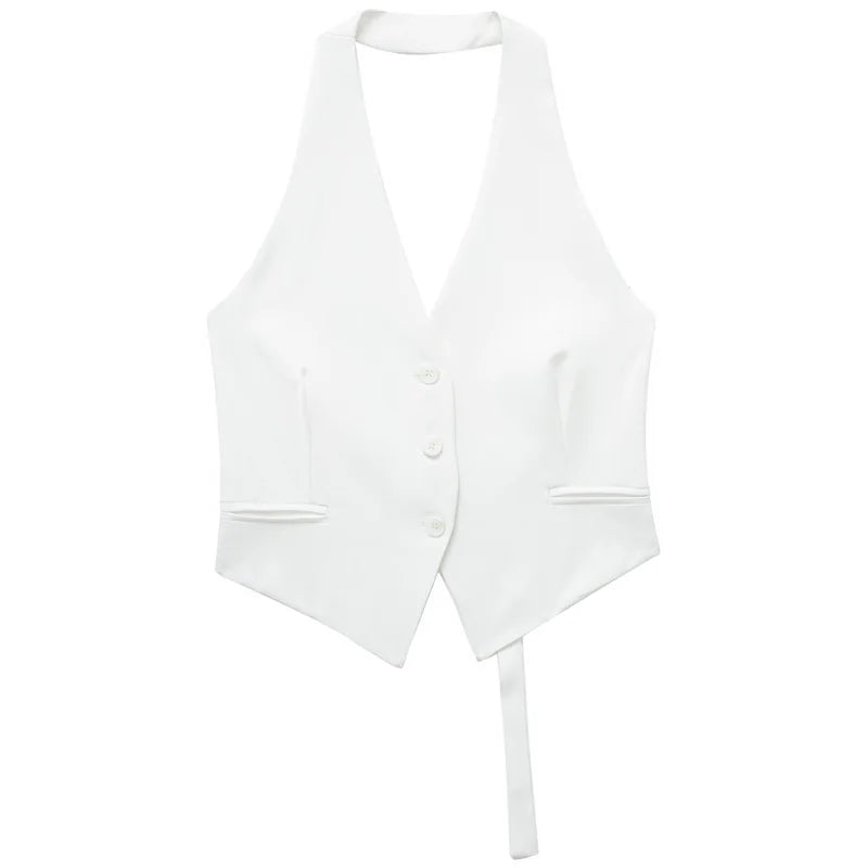 Off Shoulders Women's Halter Vest/Black/White/Grey Vest/Outerwears/Single Breasted/Off Shoulder Sleeveless Vests/turned down collar.