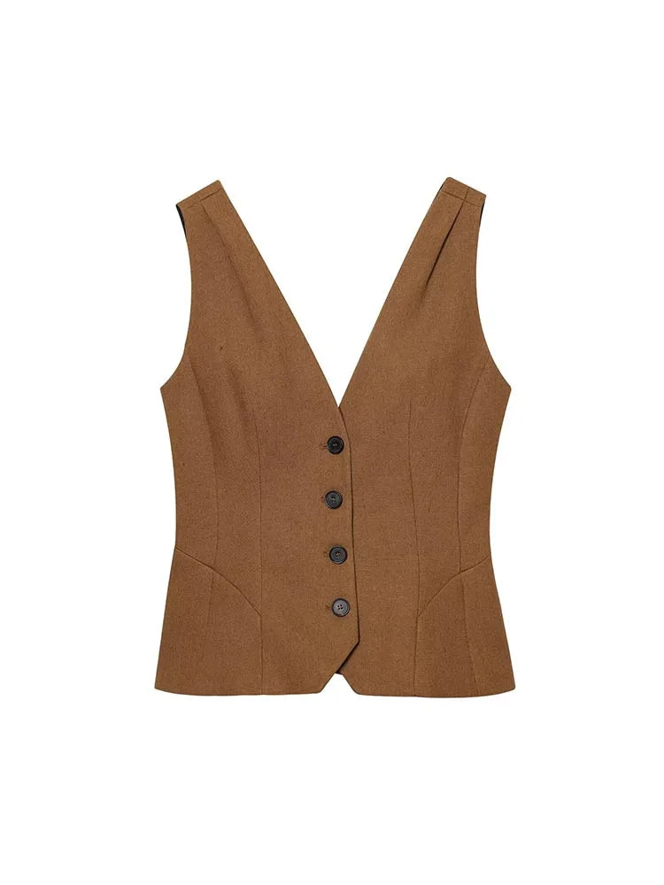 Vests Coats Fashion Casual Solid V-Neck Single/Breasted Linen Loose Female Elegant Street Waistcoat Clothing.