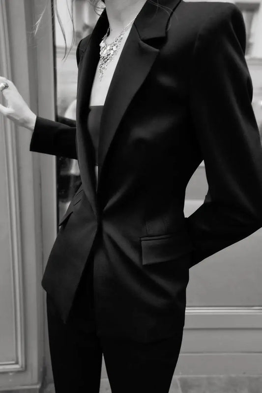 Timeless Tailored Shoulder Pad Blazer | Women’s Slim Fit Single Button French Suit Jacket | Office & Business Chic