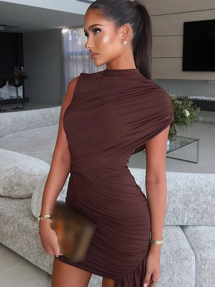 Refined Irregular Pleated Dress/Patchwork Maxi Dress/Pullover Chic Long Sleeve/High Neck DressesTurtleneck Party/Ankle Length.🤎.