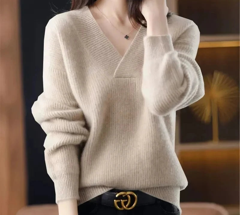 Stylish Cashmere Sweater/Women's 100% Wool Sweater/Fashion V-neck Knitted Pullover/Winter and Autumn Loose Solid Soft Sweater