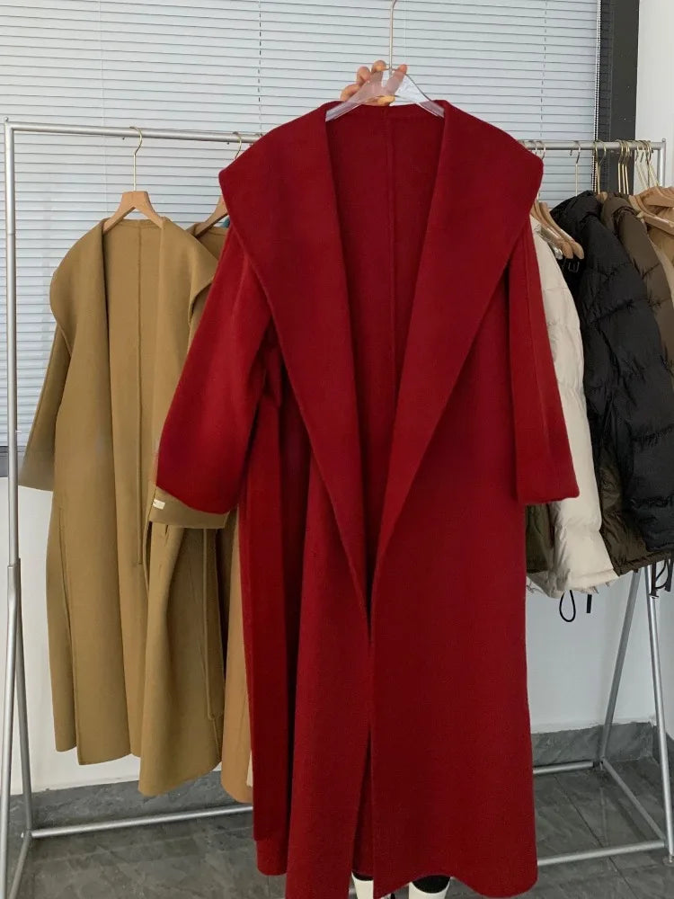 Smooth Double-Sided Woolen Coat/Elegant Commuter Long Belt/Slim Jacket Winter High Quality/Large Collar Loose Wool Coat’s.
