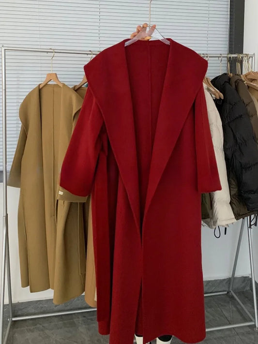 Smooth Double-Sided Woolen Coat/Elegant Commuter Long Belt/Slim Jacket Winter High Quality/Large Collar Loose Wool Coat’s.