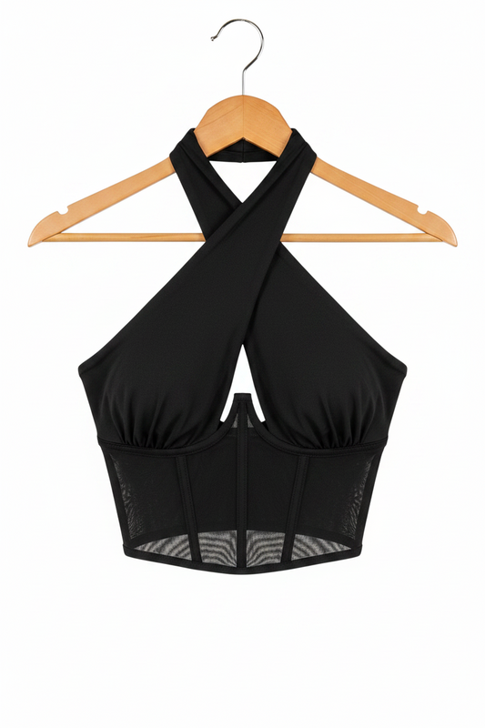 Elegant Halter Neck Mesh Corset Top for Women | Sheer Panel Wrap Neck Crop Top | Clubwear & Night Out Fashion