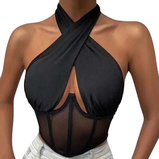 Elegant Halter Neck Mesh Corset Top for Women | Sheer Panel Wrap Neck Crop Top | Clubwear & Night Out Fashion