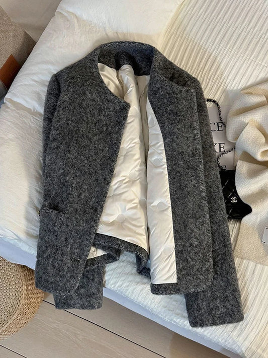 Women’s Thick Wool-Blend Jacket with Gold Buttons – Structured O-Neck Vintage Coat | Autumn Winter 2025