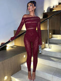 Shiny Off Shoulder Sexy Mesh/Long Sleeved Jumpsuit’s/Sibybo Women Fashion Rhinestones/High Stretch Hollow Out Sexy Overalls Sparkly Party Rompers.