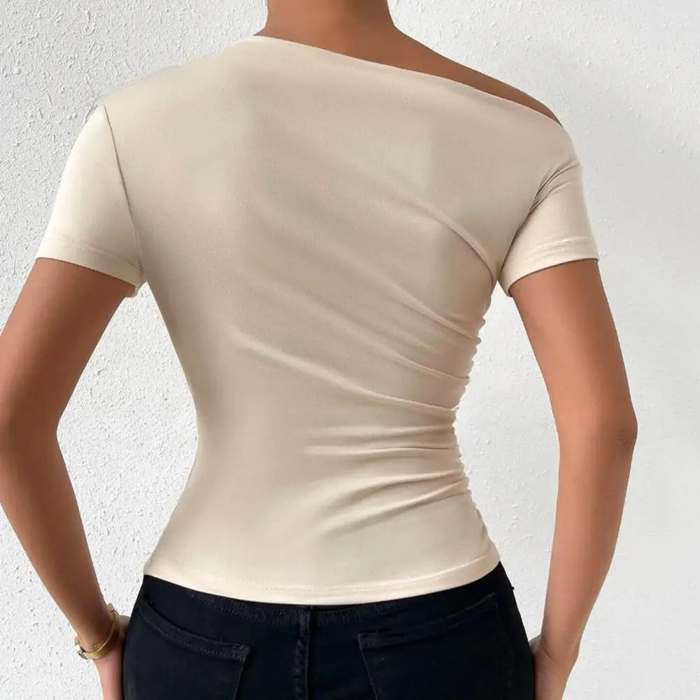 Elegant Women Skew Collar Short Sleeve Blouse/Slim Shirt Solid Color Side Shirring Blouse Shirt Top.