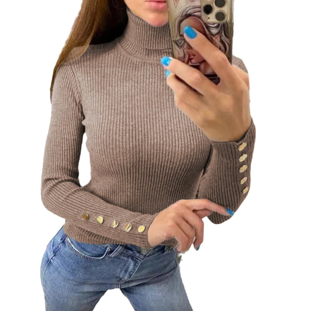 Stylish Sleeved End Buttoned Sweater/Woman High Neck Pullover/Solid Full Length Knitted Sweater.