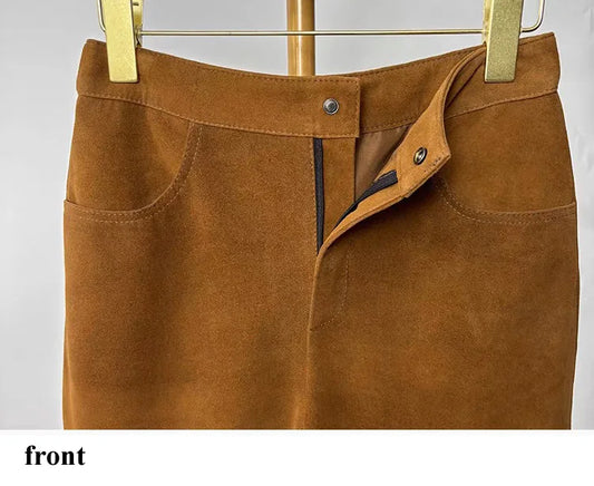 Sheepskin Real Suede Leather Shorts for Women – Genuine Leather Slimming Straight-Leg Mid-Waist Trousers in Coffee Brown | Fall Fashion
