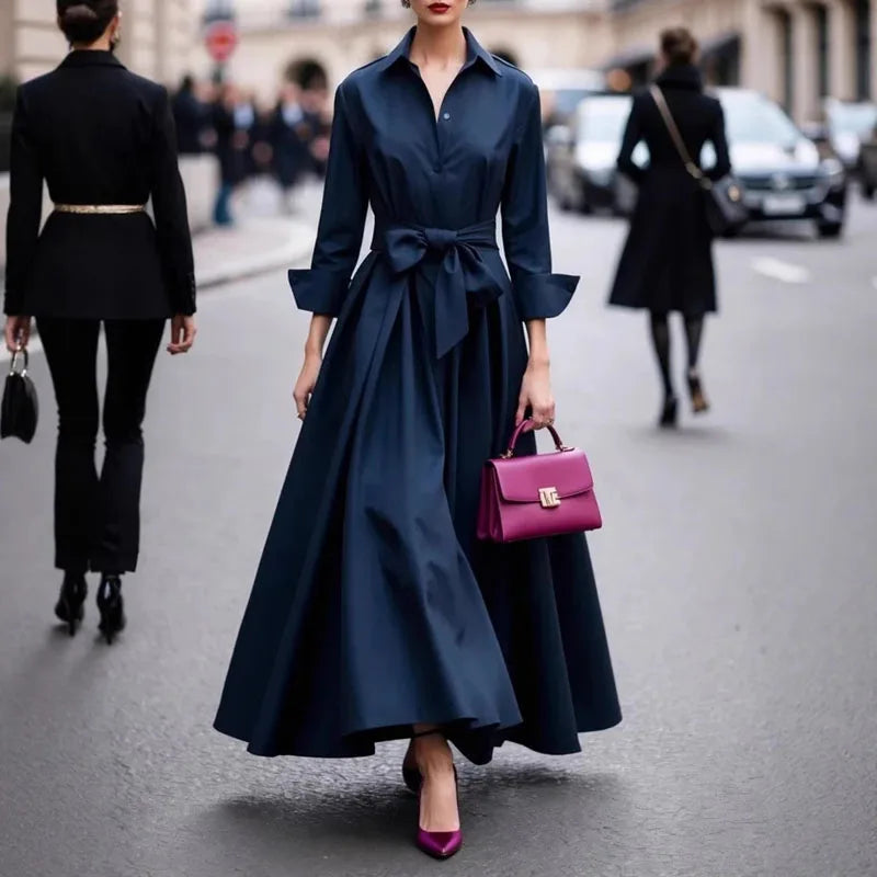 Elegant Single Breasted Bowknot Dress/Model Designed Irregular Fit/Long Sleeve Solid Maxi Dress.