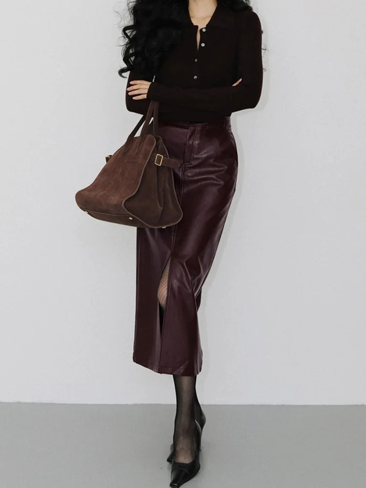Genuine Sheepskin Leather Front-Slit Midi Skirt