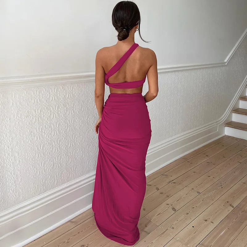 Luxury One-Shoulder Ruched Skirt Set – Elegant Backless Crop Top & High Slit Maxi Skirt Two-Piece Ensemble