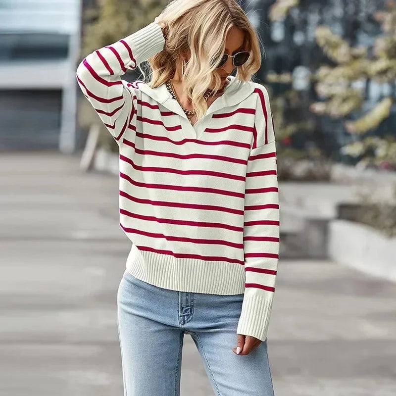 Striped Knitted Sweater Top Casual/Autumn Winter Long Sleeve/Turn/Down Collar Loose Knitwear/Autumn collar V neck Streetwear.
