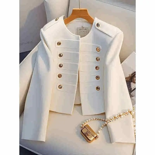 Timeless Elegance Double-Breasted Cropped Jacket with Gold Buttons