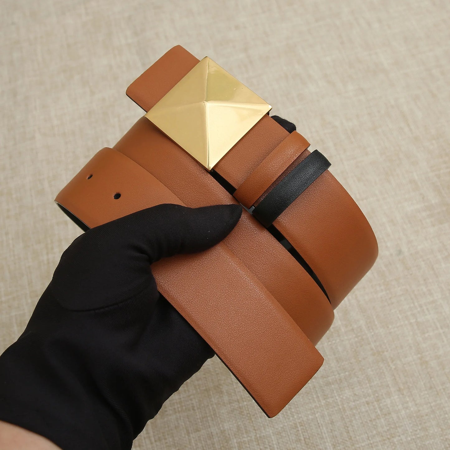 Luxury Brown Leather Belt with Gold Geometric Buckle | Women’s Statement Waist Belt