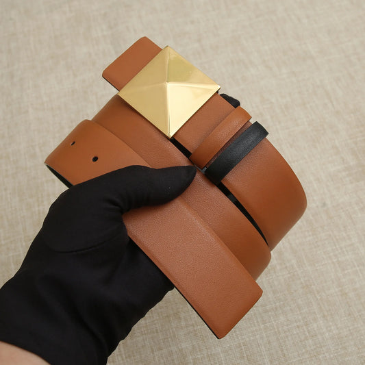 Luxury Brown Leather Belt with Gold Geometric Buckle | Women’s Statement Waist Belt