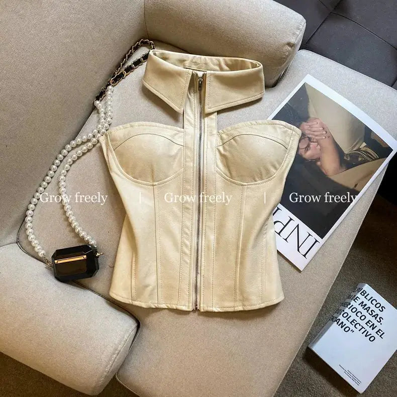 Luxury Halter Neck Corset Bustier Top with Collar & Front Zipper – Champagne Beige & Chocolate Brown Faux Leather Sculpted Top