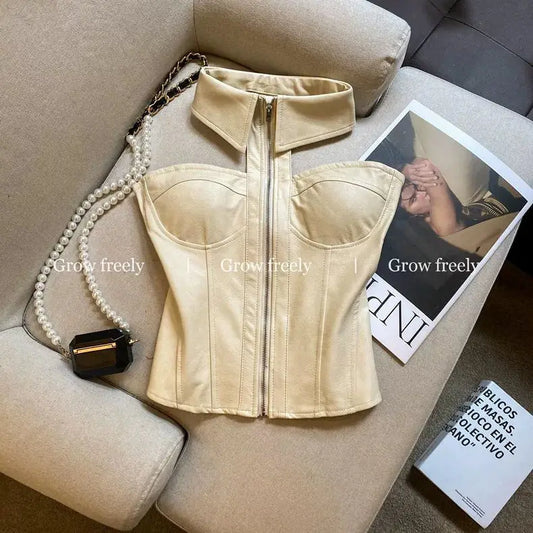 Luxury Halter Neck Corset Bustier Top with Collar & Front Zipper – Champagne Beige & Chocolate Brown Faux Leather Sculpted Top