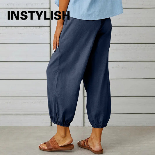 Comfy Carpi Harajuku Pants/Loose Cotton Linen/Solid Color Elastic Waist Loose Straight Trousers/Waist Wide Leg Pants.