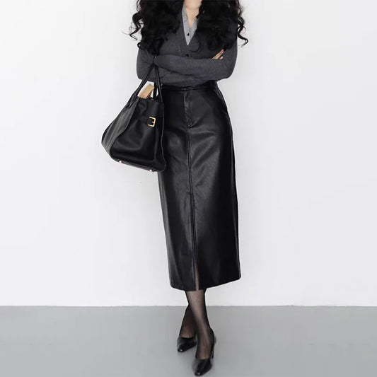 Genuine Sheepskin Leather Front-Slit Midi Skirt
