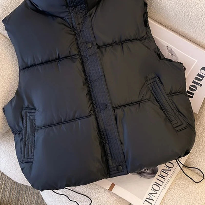 Turn DownCollar/Winter Short Down Cotton Sleeveless Vest Women's/Simple Solid Pockets Coats/Cold Resistant Waistcoat Drawstring Vest.