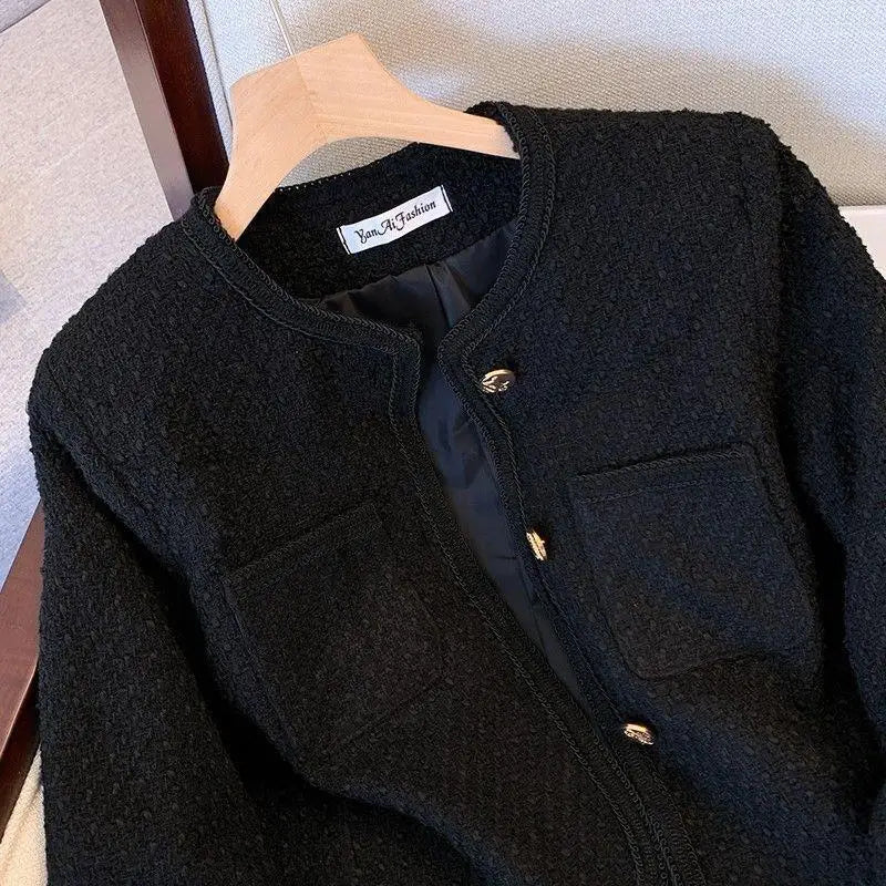 Elegant Black Tweed Jacket Women's Spring Autumn 2025 New French Style Single Breasted Short Coat Long Sleeved Slim Fit Top