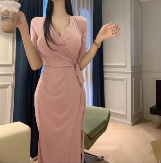 Slimming V-Neck Belted Maxi Dress.