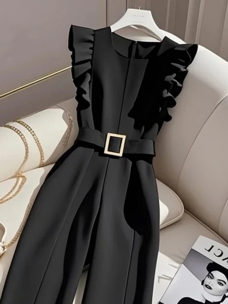 Ruffled Classy Black Jumpsuit/Unique Aura Exquisite Elegant, Slimming Look One-Piece Jumpsuit.