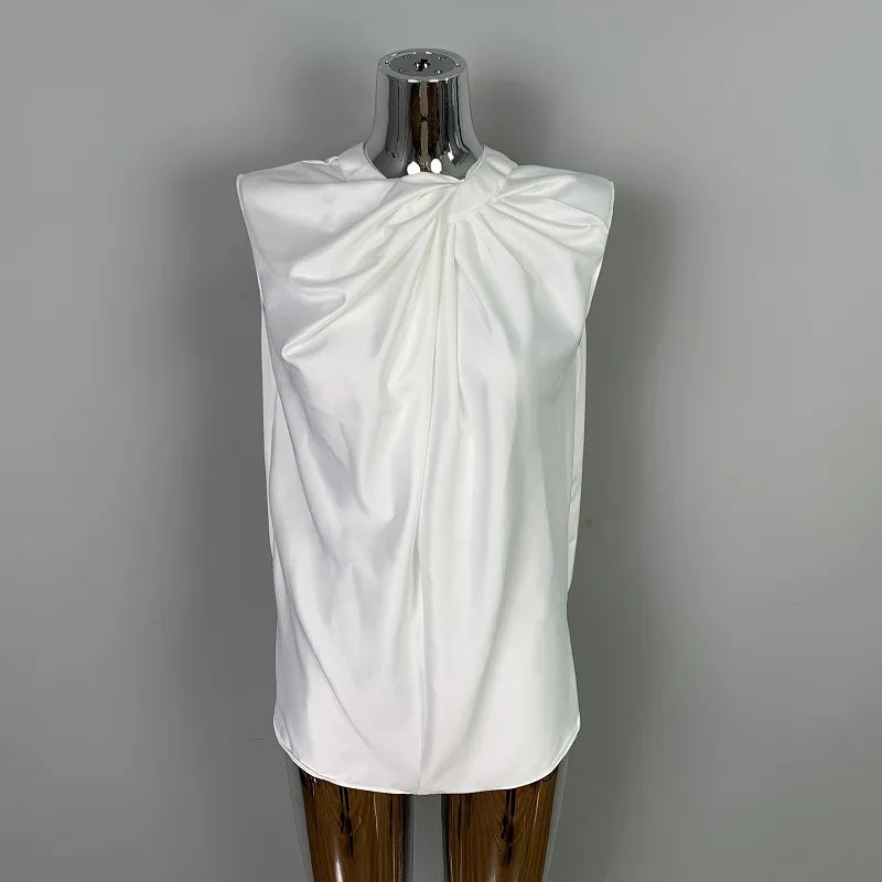 Women’s Satin Twist-Neck Sleeveless Blouse – Elegant Draped Office & Occasion Top