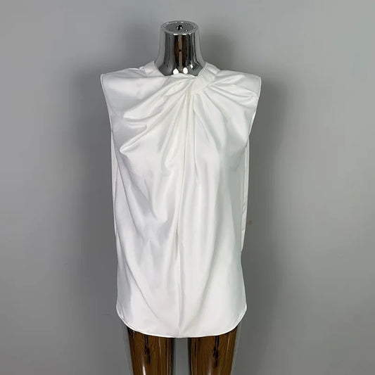 Women’s Satin Twist-Neck Sleeveless Blouse – Elegant Draped Office & Occasion Top