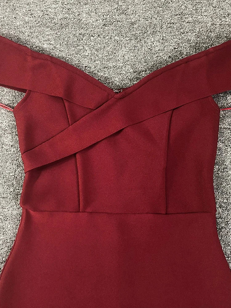 Elegant Off-Shoulder Burgundy Midi Bandage Dress with Criss-Cross Front – Form-Fitting Cocktail Parties Dresses for Women