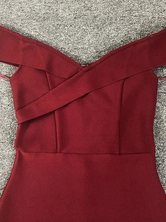Elegant Off-Shoulder Burgundy Midi Bandage Dress with Criss-Cross Front – Form-Fitting Cocktail Parties Dresses for Women