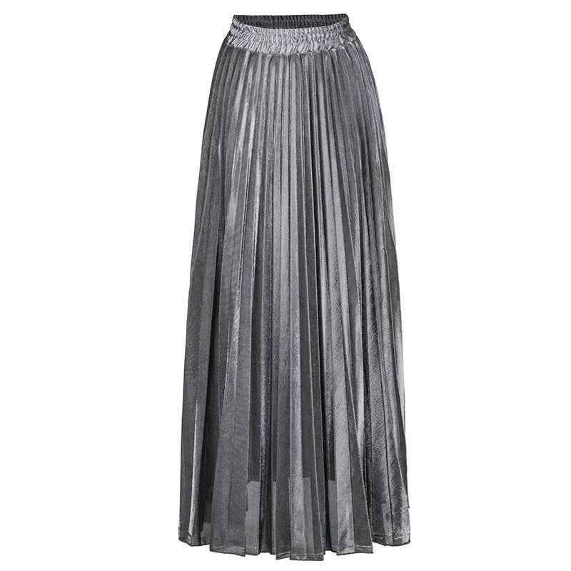 Bright Silk Metal Skirt/Color Pleated Maxi Skirt/Elastic High Rise Swing/Holiday Celebration Event.