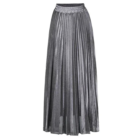 Bright Silk Metal Skirt/Color Pleated Maxi Skirt/Elastic High Rise Swing/Holiday Celebration Event.