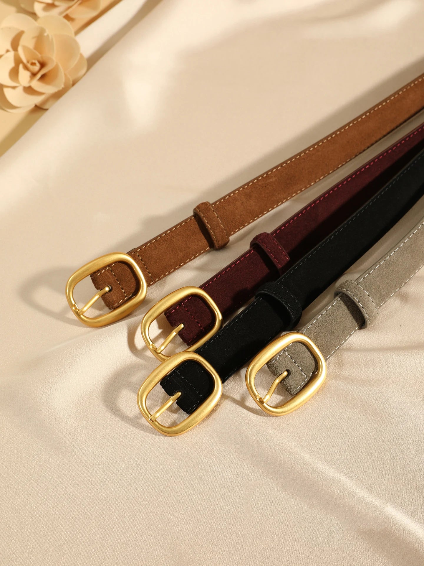 Suede Leather Skinny Fitted Belt/ Slim Waistband/Gold Buckle black Gray Casual Accessory for Jeans Pants & Dresses.