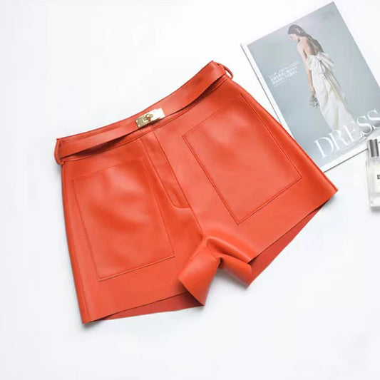 Real Sheepskin Leather Shorts for Women – 2026 New Arrival Casual Genuine Leather Shorts with White Belt, High-Quality Sheepskin, Versatile Summer & Street Style