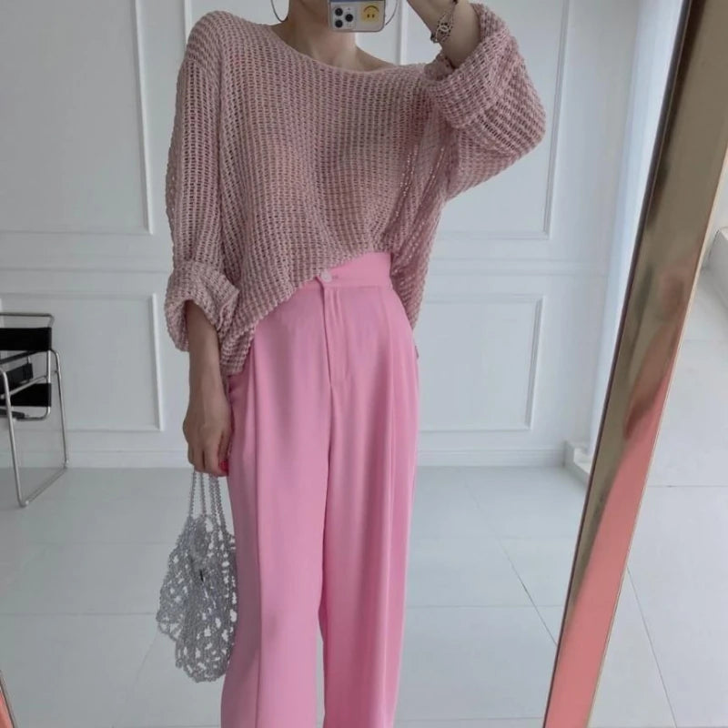 Hollow Out Pullovers Women Baggy O-neck Clothing/Casual Simple Stylish Vintage See-through Streetwear.