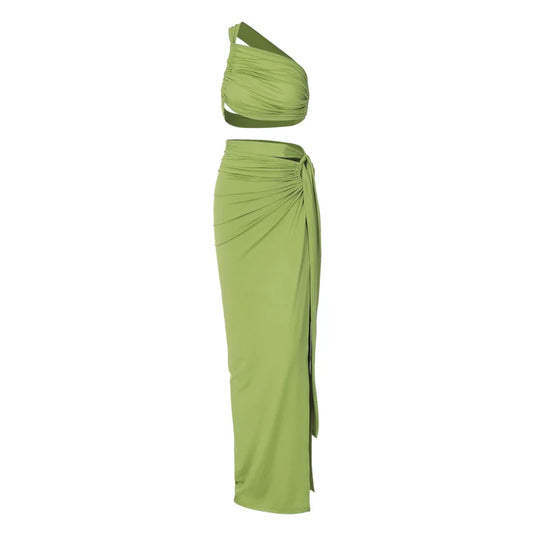 Luxury One-Shoulder Ruched Skirt Set – Elegant Backless Crop Top & High Slit Maxi Skirt Two-Piece Ensemble